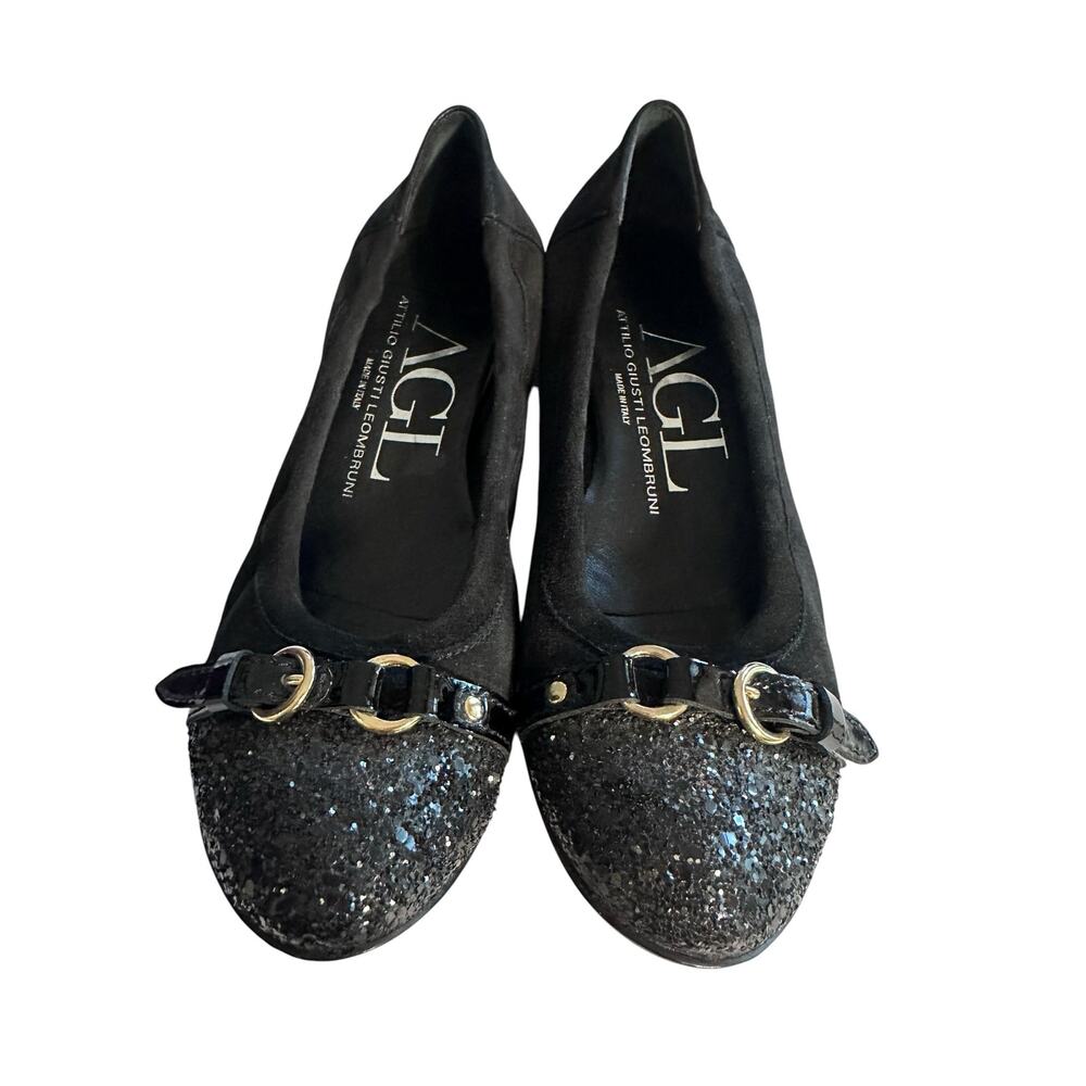 AGL Monika Cap Toe Glitter Ballet Flats 37.5 Black Italian Quiet Luxury Parisian